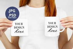Woman holding Coaster & Mug mockup, Minimalist mock up PSD Product Image 1