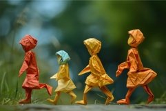 Four origami children walking together outdoors Product Image 1