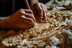 Detailed view of hands skillfully carving wooden floral patt Product Image 1