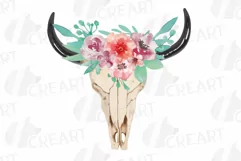 Watercolor Floral Bull Skull clipart, coral pink skull decor Product Image 1
