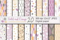 Violet and Orange Seamless Digital Paper / Pastel Hand drawn patterns / Scales, Hearts, Leaves, Terrazzo Backgrounds Product Image 1