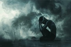 Solitary figure sits in contemplation under a tumultuous sky Product Image 1