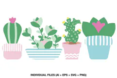 Cactus and succulent clipart collection with four colorful potted plants