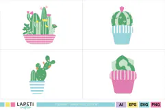 Cactus and succulent illustrations in coordinated pink blue and green colors