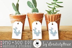 3 watercolor cactus stickers on paper tags hanging from cactus vases