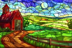 Stained Glass Peaceful Countryside with Farmhouse Background Product Image 1