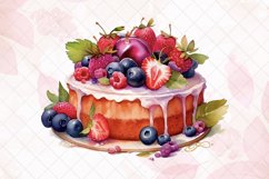 Cake Topped With Berries And Flowers Watercolor Clipart Product Image 3