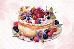 Cake Topped With Berries And Flowers Watercolor Clipart Product Image 2