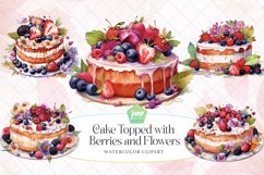 Cake Topped With Berries And Flowers Watercolor Clipart Product Image 1