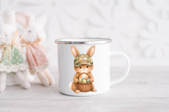 Easter bunny illustration with camo trucker hat and basket of patterned eggs. Soft watercolor texture perfect for boys Easter shirts and sublimation projects.