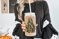 Hunting-inspired Halloween PNG featuring one woodland camo ghost with black oval eyes, flowing fabric folds and rustic painted texture.