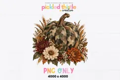 Single digital graphic of a large camouflage pumpkin nestled among textured autumn flowers and wheat for a warm, outdoors-inspired fall design.
