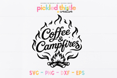Black script typography design that reads “Coffee &amp; Campfires” surrounded by stylized flames and a small campfire illustration. Camping themed SVG cut file for Cricut and Silhouette crafting.