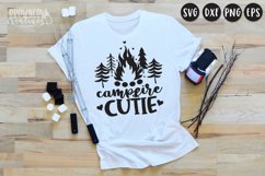 campfire cutie text shown with a hand-drawn campfire shown on a white t-shirt