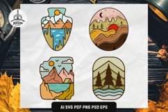 Set of 4 hand-crafted camping and outdoor adventure badges featuring mountain, forest, lake and night sky landscapes. Perfect for t-shirts, stickers, patches, logos and outdoor brands. Includes AI, SVG, PDF, PNG, PSD, EPS formats