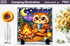 Cute Owl Camping Illustration | Night Camp Sublimation Product Image 1