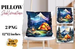 Camping pillow sublimation. Watercolor camping Product Image 1