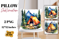 Camping pillow sublimation. Watercolor camping Product Image 1
