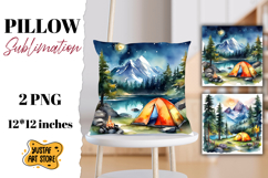 Camping pillow sublimation. Watercolor camping Product Image 1