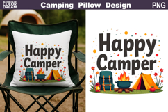Happy Camper Pillow Sublimation | Tent Fire Lantern Clipart Product Image 1