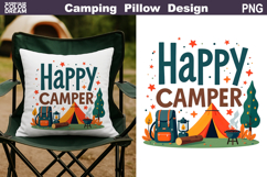 Happy Camper Pillow Sublimation | Tent Fire Lantern Clipart Product Image 1