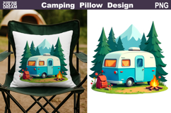 Camping Trailer Pillow Sublimation | Camper Fire Forest PNG Product Image 1
