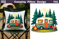 Camping Trailer Pillow Sublimation | Camper Fire Forest PNG Product Image 1