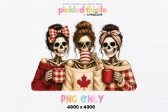 A trio of skeleton coffee lovers wears red and cream sweaters with checkered, striped and maple leaf details in this watercolor PNG design.