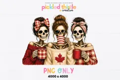 A trio of skeleton coffee lovers wears red and cream sweaters with checkered, striped and maple leaf details in this watercolor PNG design.