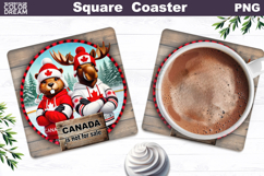 Canada Moose Beaver Square Coaster | Funny Hockey Design Product Image 1