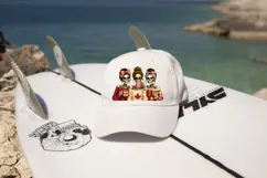 Canadian skeleton friends gather for coffee in a playful design featuring red plaid accessories, messy buns, sunglasses and a bold maple leaf sweater.