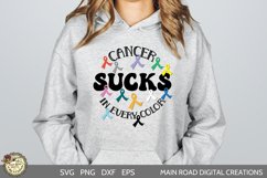 cancer sucks svg quote being used on a sweatshirt worn by a woman