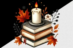 candle on top of stack of books with glowing autumn leaves around print 20oz tumbler skinny mug wrap clipart t-shirt sublimation printable design