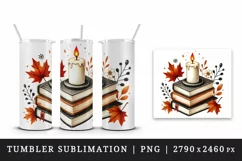 candle on top of stack of books with glowing autumn leaves around print 20oz tumbler skinny mug wrap clipart t-shirt sublimation printable design