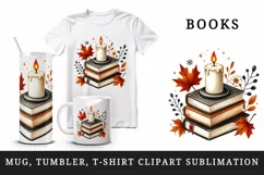 candle on top of stack of books with glowing autumn leaves around print 20oz tumbler skinny mug wrap clipart t-shirt sublimation printable design