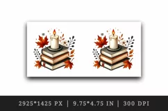 candle on top of stack of books with glowing autumn leaves around print 20oz tumbler skinny mug wrap clipart t-shirt sublimation printable design