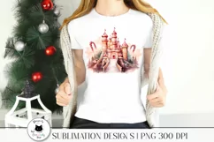 christmas png design with candy cane castle illustration shown on a t-shirt