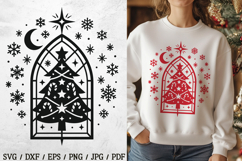 Bring a festive gothic twist to your holidays with this stained glass candy cane Christmas tree SVG! The design features a gothic window frame, crescent moon, stars, snowflakes, and a tree decorated with candy canes—perfect for shirts, mugs, cards, orname