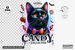 candy collector png, halloween black cat bowtie clipart, trick or treat cat png, halloween candy png, spooky cute halloween design, halloween sublimation design, festive halloween cat clipart, halloween party design, black cat costume png, halloween print