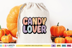 Pastel Halloween lettering SVG “Candy Lover” on gift bag with pumpkins, spooky cute design.