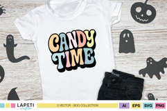 Pastel Halloween quote SVG “Candy Time” on kids T-shirt, fun kawaii Halloween design.