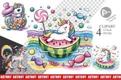 Watercolor Candy Unicorn Summer Clipart Product Image 1
