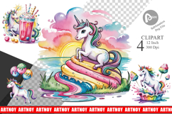 Watercolor Candy Unicorn Summer Clipart Product Image 1