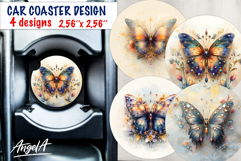 Round car coaster sublimation, vintage floral butterfly Product Image 1