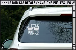 a car with a funny decal saying 'little dudes on board'