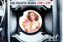 Round car coaster / vintage pin up girl with glass of wine Product Image 2