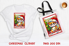 Cute Christmas cat clipart PNG | Christmas postage stamp Product Image 1