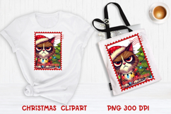 Cute Christmas cat clipart PNG | Christmas postage stamp Product Image 1