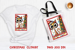 Cute Christmas cat clipart PNG | Christmas postage stamp Product Image 1