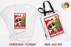 Cute Christmas cat clipart PNG | Christmas postage stamp Product Image 1